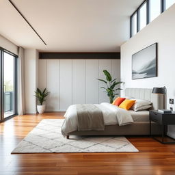 A modern bedroom interior, featuring a sleek design and minimalist decor