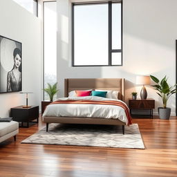 A modern bedroom interior, featuring a sleek design and minimalist decor