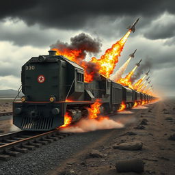 A dramatic poster depicting a military train engulfed in flames, creating a striking visual of chaos and destruction