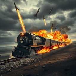 A dramatic poster depicting a military train engulfed in flames, creating a striking visual of chaos and destruction