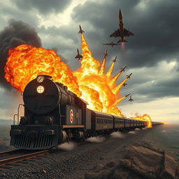 A dramatic poster depicting a military train engulfed in flames, creating a striking visual of chaos and destruction