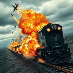 A dramatic poster depicting a military train engulfed in flames, creating a striking visual of chaos and destruction