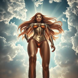 A powerful and majestic superheroine with striking features, strong physique, and flowing long hair, depicted from a low-angle perspective as if she is gracefully hovering above