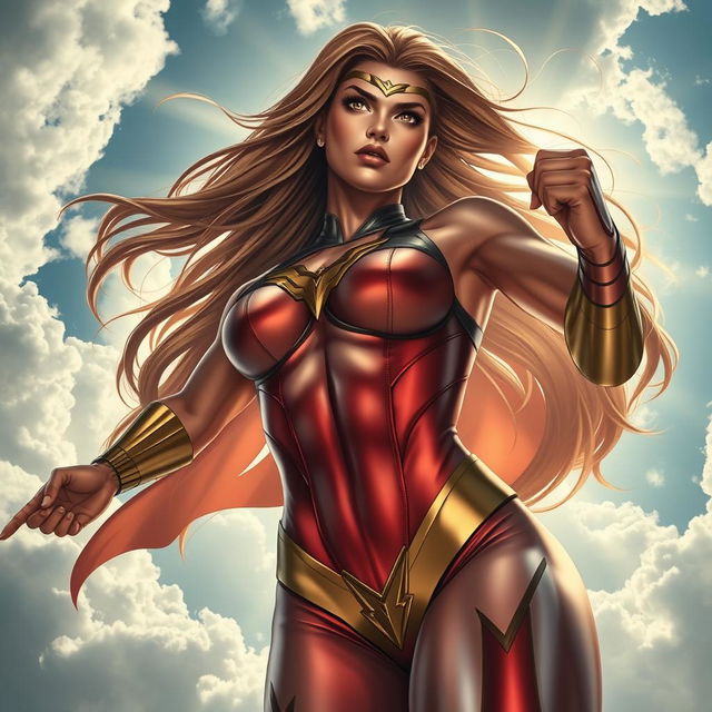 A powerful and majestic superheroine with striking features, strong physique, and flowing long hair, depicted from a low-angle perspective as if she is gracefully hovering above