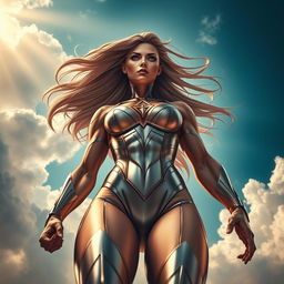 A powerful and majestic superheroine with striking features, strong physique, and flowing long hair, depicted from a low-angle perspective as if she is gracefully hovering above