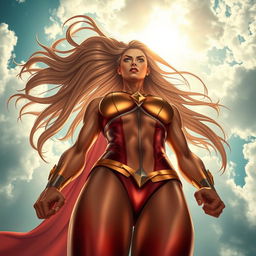 A powerful and majestic superheroine with striking features, strong physique, and flowing long hair, depicted from a low-angle perspective as if she is gracefully hovering above