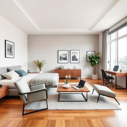 A modern, stylish room designed for a man, featuring contemporary furniture with sleek lines and a minimalist aesthetic