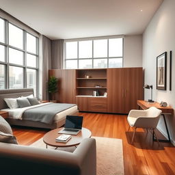 A modern, stylish room designed for a man, featuring contemporary furniture with sleek lines and a minimalist aesthetic