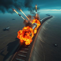 A dramatic top view of a military train engulfed in flames, set against a vast landscape