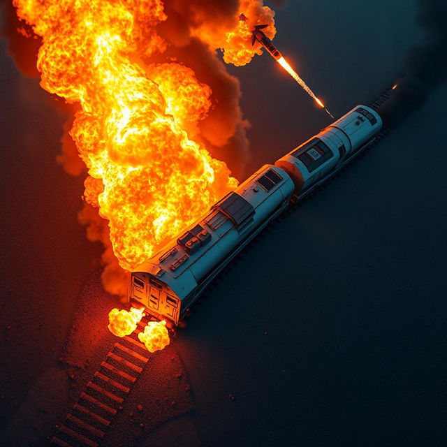 A dramatic top view of a military train engulfed in flames, set against a vast landscape