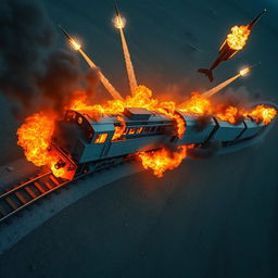 A dramatic top view of a military train engulfed in flames, set against a vast landscape