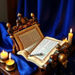 A beautifully crafted miniature Torah scroll, intricately designed with rich, ornate decorations and golden embellishments