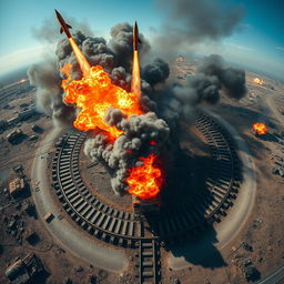 A dramatic top view of a military train engulfed in flames as it runs on a circular track