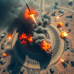 A dramatic top view of a military train engulfed in flames as it runs on a circular track