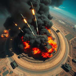 A dramatic top view of a military train engulfed in flames as it runs on a circular track