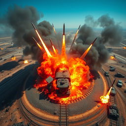 A dramatic top view of a military train engulfed in flames as it runs on a circular track