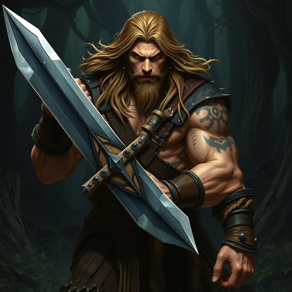 A powerful barbarian character, with long shoulder-length hair flowing, stands confidently in front of us