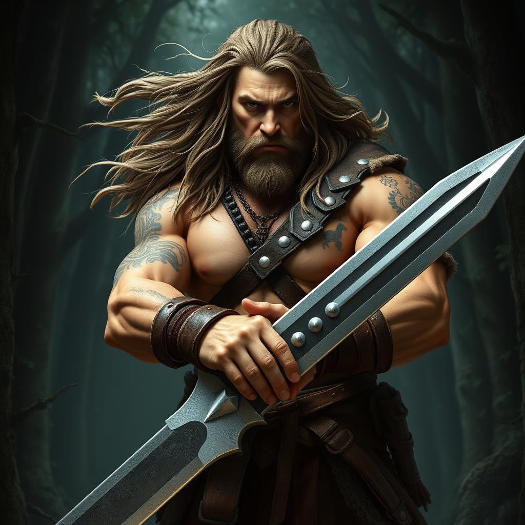 A powerful barbarian character, with long shoulder-length hair flowing, stands confidently in front of us