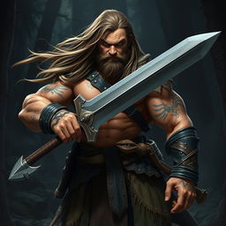 A powerful barbarian character, with long shoulder-length hair flowing, stands confidently in front of us