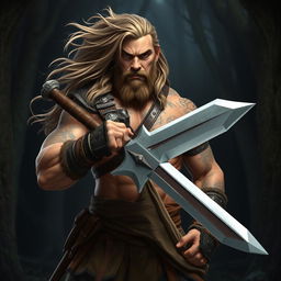 A powerful barbarian character, with long shoulder-length hair flowing, stands confidently in front of us