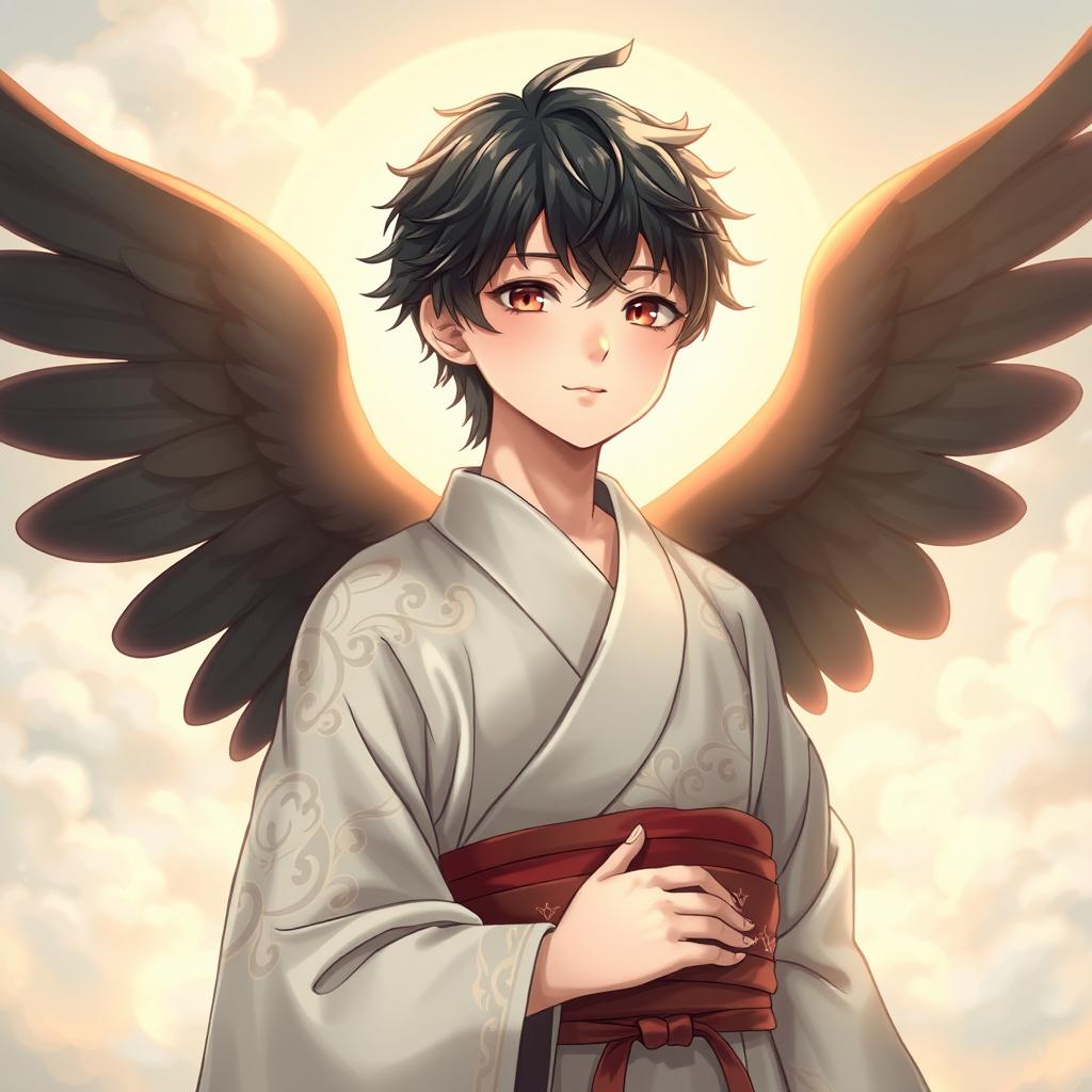 A young male Japanese angel characterized by delicate features and gentle expression, with striking black angel wings that contrast beautifully against a soft, heavenly background