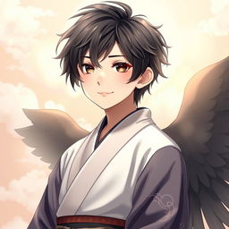 A young male Japanese angel characterized by delicate features and gentle expression, with striking black angel wings that contrast beautifully against a soft, heavenly background