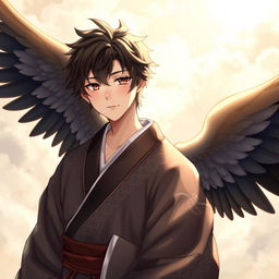 A young male Japanese angel characterized by delicate features and gentle expression, with striking black angel wings that contrast beautifully against a soft, heavenly background