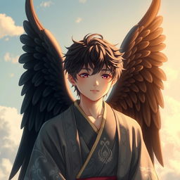 A young male Japanese angel characterized by delicate features and gentle expression, with striking black angel wings that contrast beautifully against a soft, heavenly background