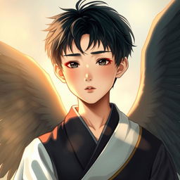 A young realistic male Japanese angel with finely detailed features, exuding a serene and calm presence