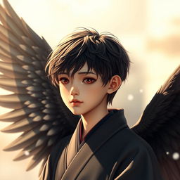 A young realistic male Japanese angel with finely detailed features, exuding a serene and calm presence