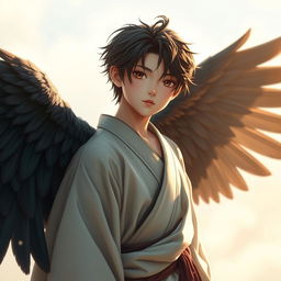 A young realistic male Japanese angel with finely detailed features, exuding a serene and calm presence