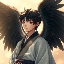 A young realistic male Japanese angel with finely detailed features, exuding a serene and calm presence