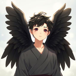 A young human male Japanese angel, embodying a youthful and serene demeanor, with beautiful black angel wings that are elegantly spread