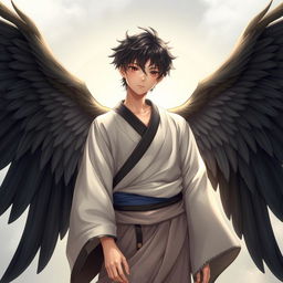 A young human male Japanese angel, embodying a youthful and serene demeanor, with beautiful black angel wings that are elegantly spread