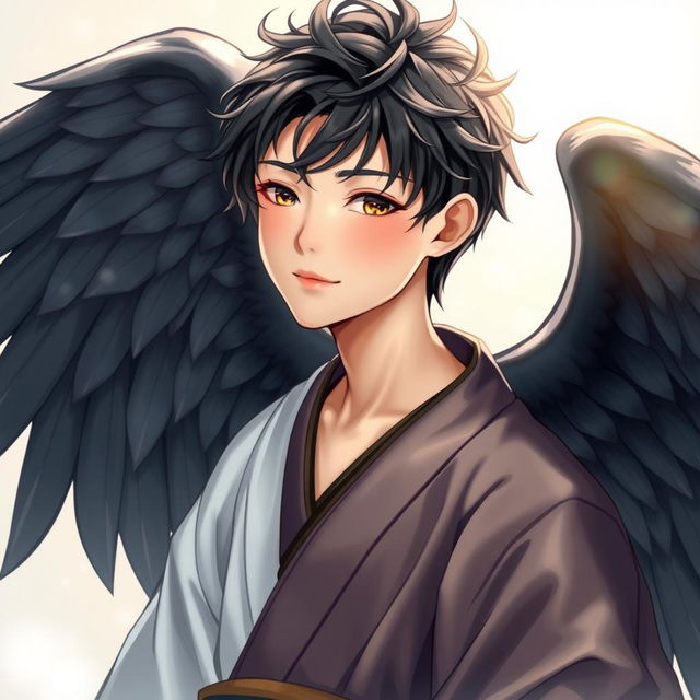 A young human male Japanese angel, embodying a youthful and serene demeanor, with beautiful black angel wings that are elegantly spread