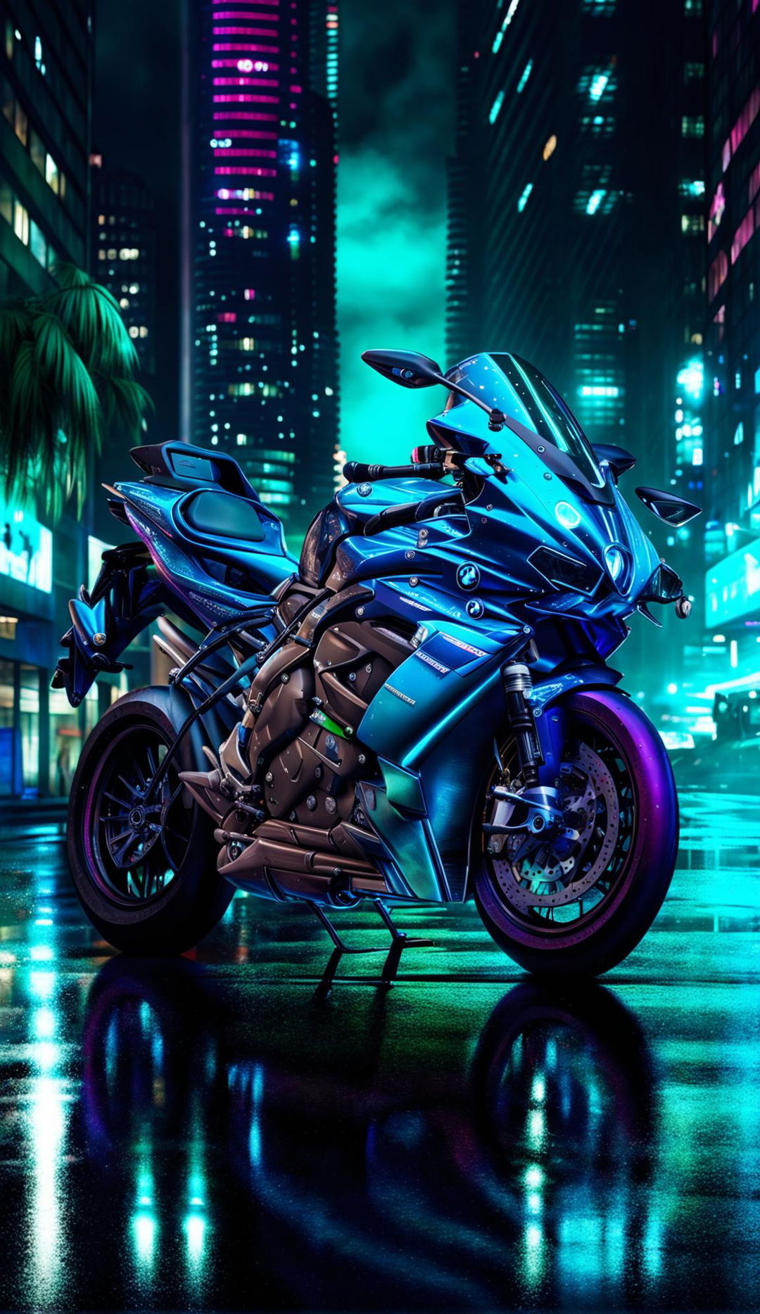 A futuristic cyberpunk BMW S1000RR HP4 motorcycle in a neon-lit cityscape.