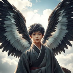 A young real human male Japanese angel with lifelike features, radiating a sense of peace and tranquility