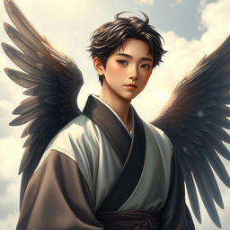 A young real human male Japanese angel with lifelike features, radiating a sense of peace and tranquility