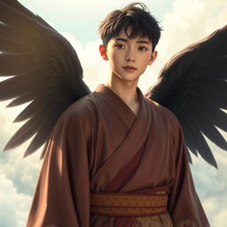 A young real human male Japanese angel with lifelike features, radiating a sense of peace and tranquility