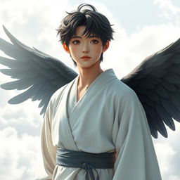 A young real human male Japanese angel with lifelike features, radiating a sense of peace and tranquility