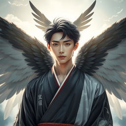 A real human male Japanese angel, showcasing lifelike features that highlight a harmonious blend of traditional Japanese beauty and divine qualities