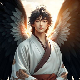 A real human male Japanese angel, showcasing lifelike features that highlight a harmonious blend of traditional Japanese beauty and divine qualities