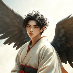 A real human male Japanese angel, showcasing lifelike features that highlight a harmonious blend of traditional Japanese beauty and divine qualities