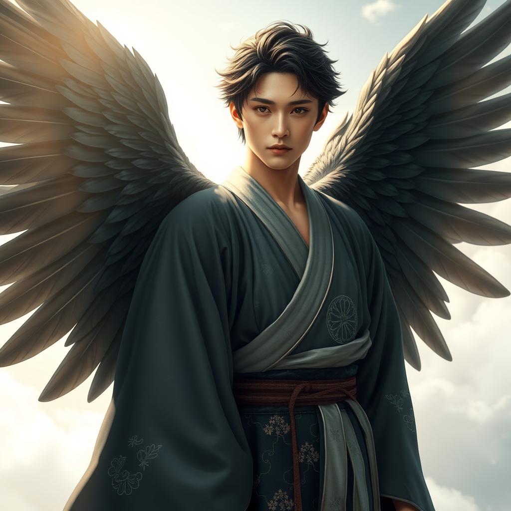 A real human male Japanese angel, showcasing lifelike features that highlight a harmonious blend of traditional Japanese beauty and divine qualities