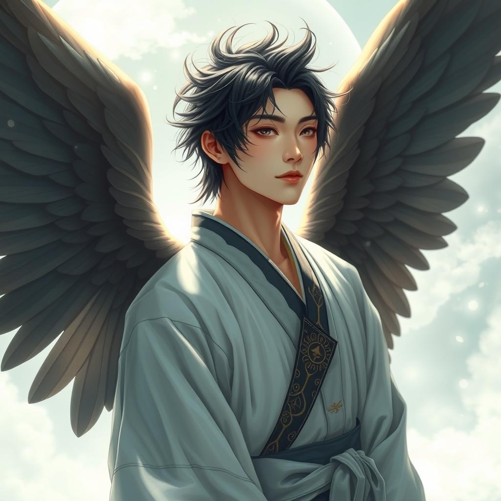 A human male Japanese angel, depicted with exquisite lifelike features that embody grace and serenity