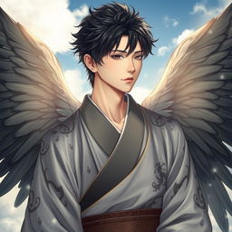 A human male Japanese angel, depicted with exquisite lifelike features that embody grace and serenity