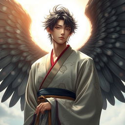 A human male Japanese angel, depicted with exquisite lifelike features that embody grace and serenity