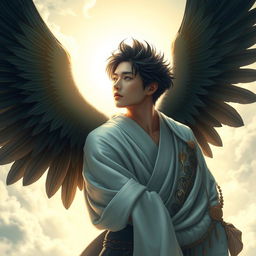 A human male Japanese angel, depicted with exquisite lifelike features that embody grace and serenity