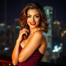 A sexy portrait of a confident and alluring woman in a sleek cocktail dress, striking a sultry pose with a playful smile