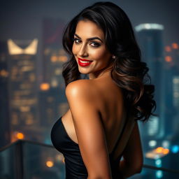 A sexy portrait of a confident and alluring woman in a sleek cocktail dress, striking a sultry pose with a playful smile